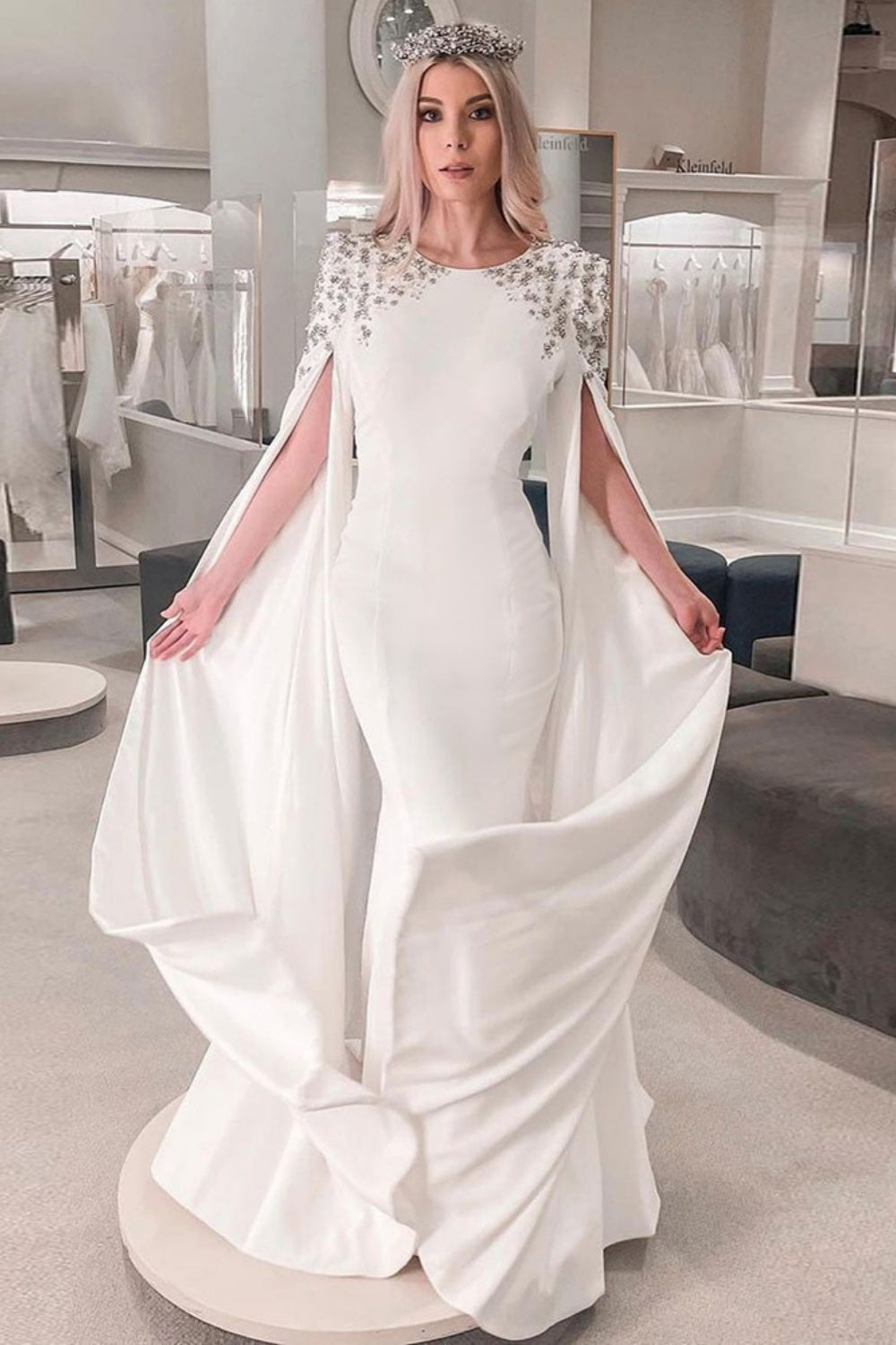 Elegant White Mermaid Evening Dress with Cape Sleeves SF280 Sheer Fairy