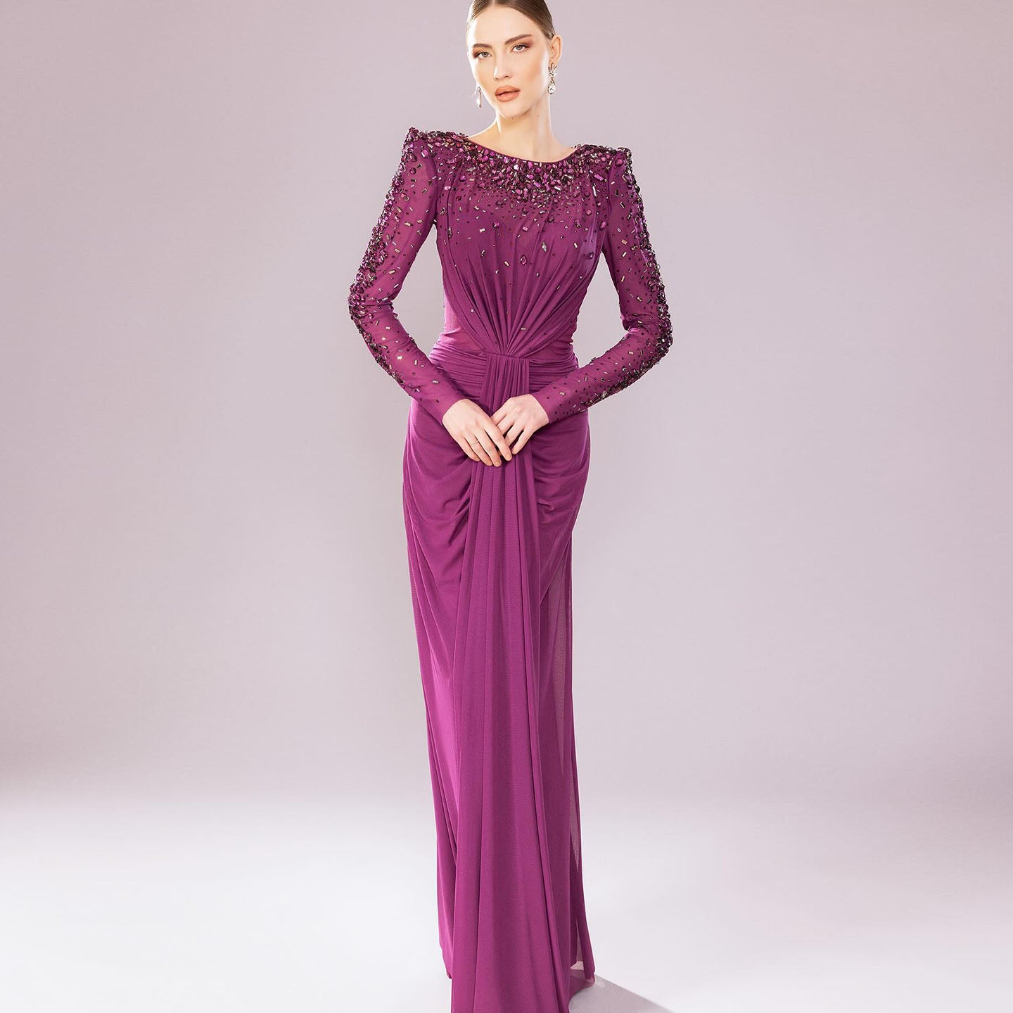 Luxury High Neck Beaded Lace Sheath Evening Dress with Long Sleeves SS565