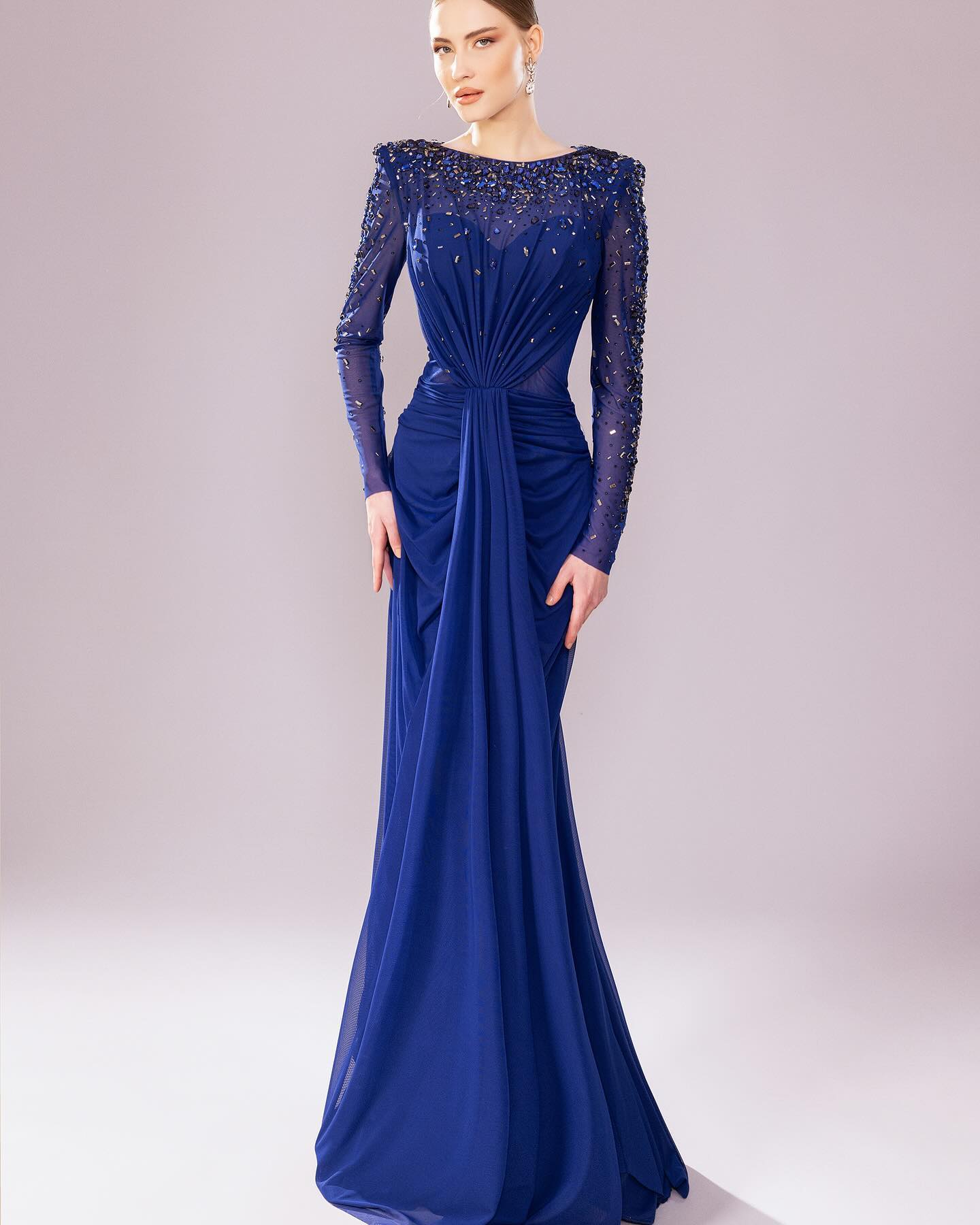 Luxury High Neck Beaded Lace Sheath Evening Dress with Long Sleeves SS565