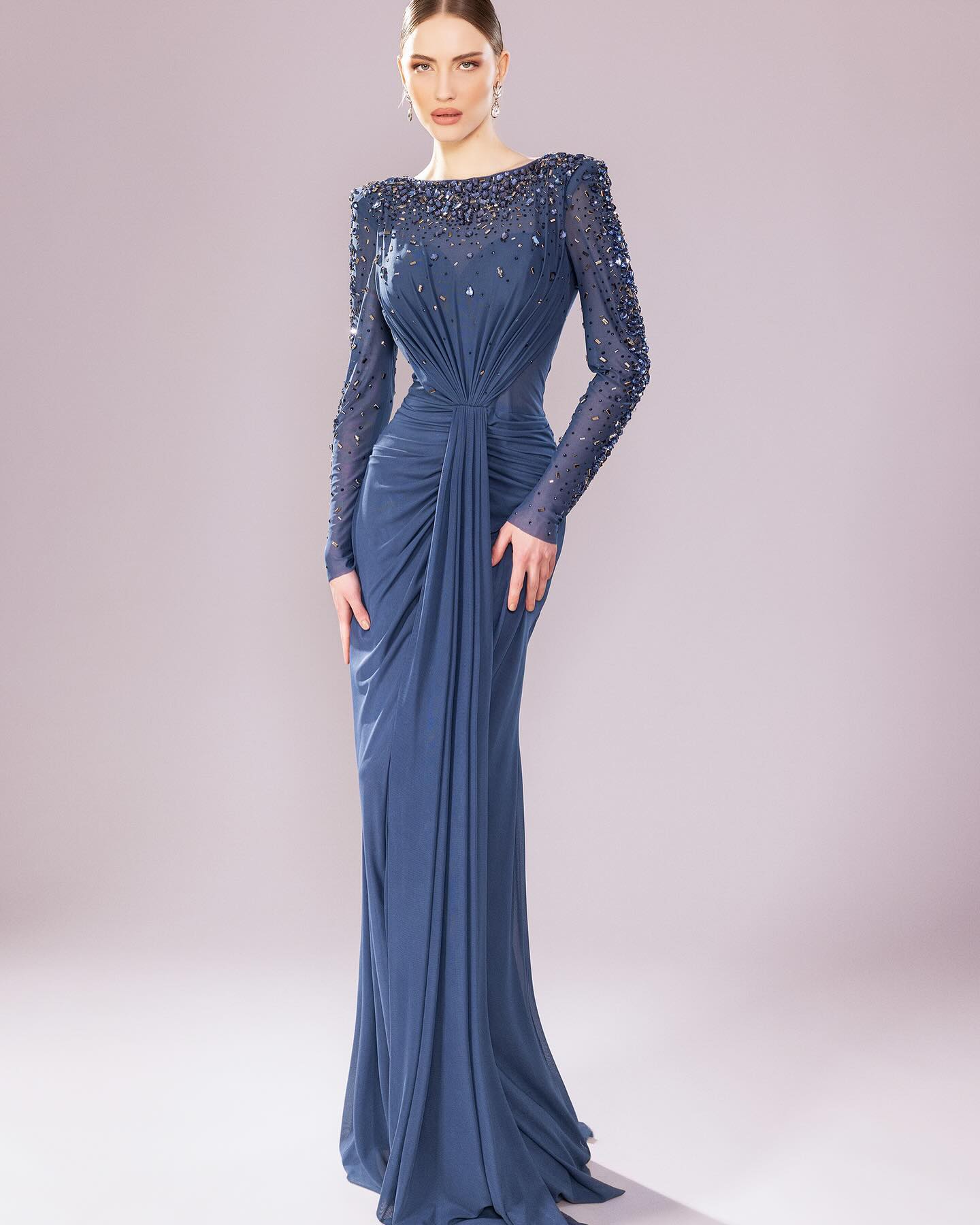 Luxury High Neck Beaded Lace Sheath Evening Dress with Long Sleeves SS565