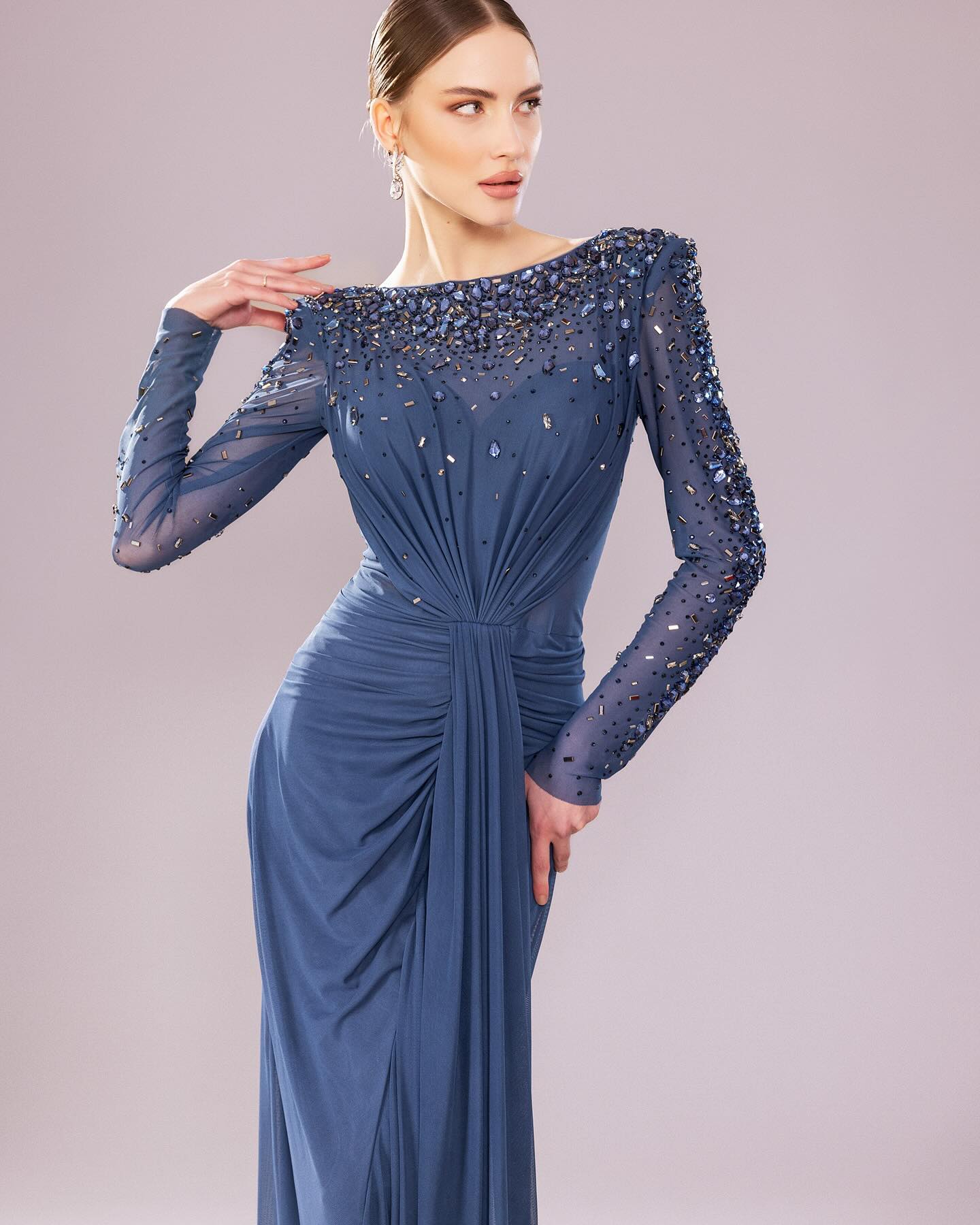 Luxury High Neck Beaded Lace Sheath Evening Dress with Long Sleeves SS565