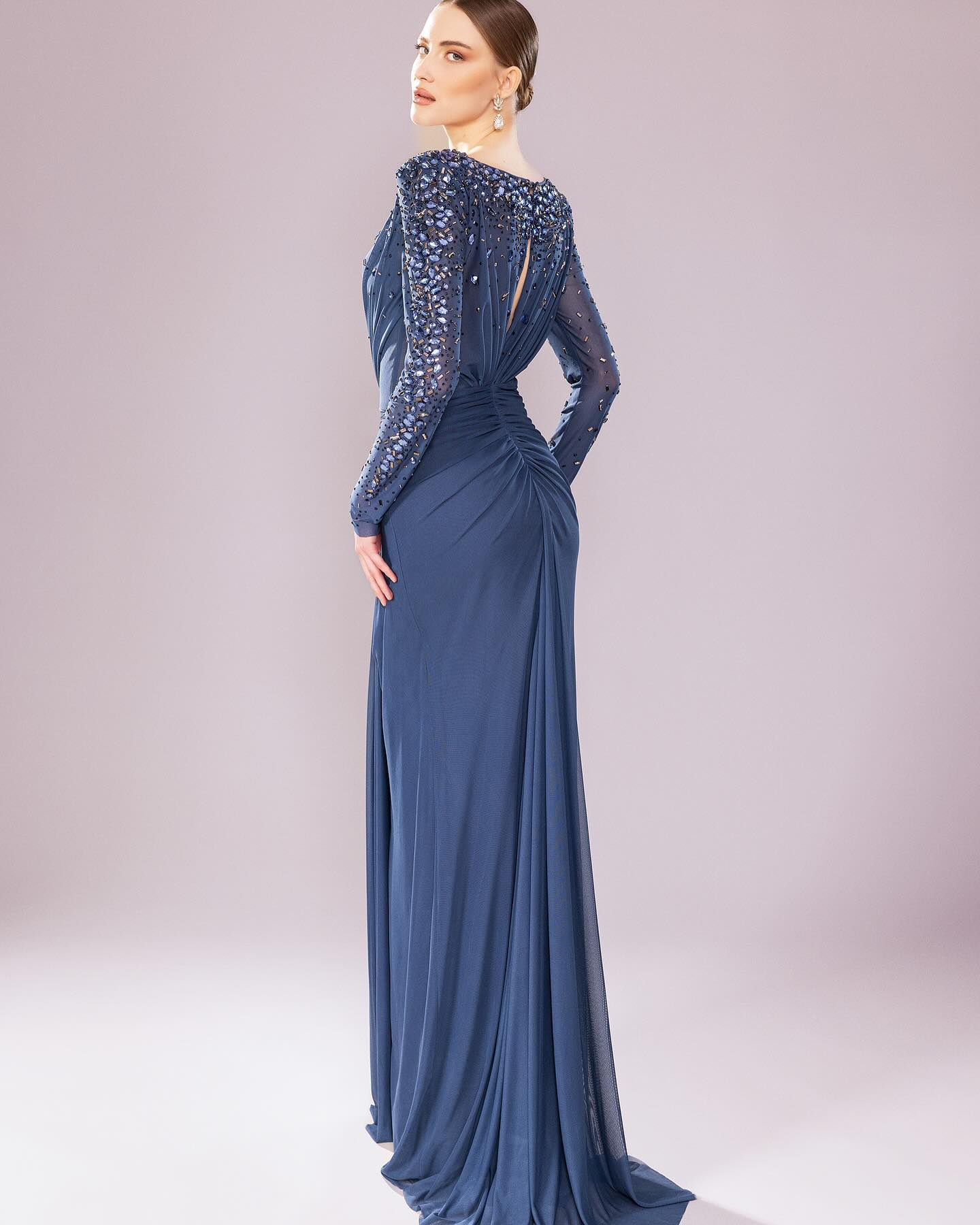 Luxury High Neck Beaded Lace Sheath Evening Dress with Long Sleeves SS565