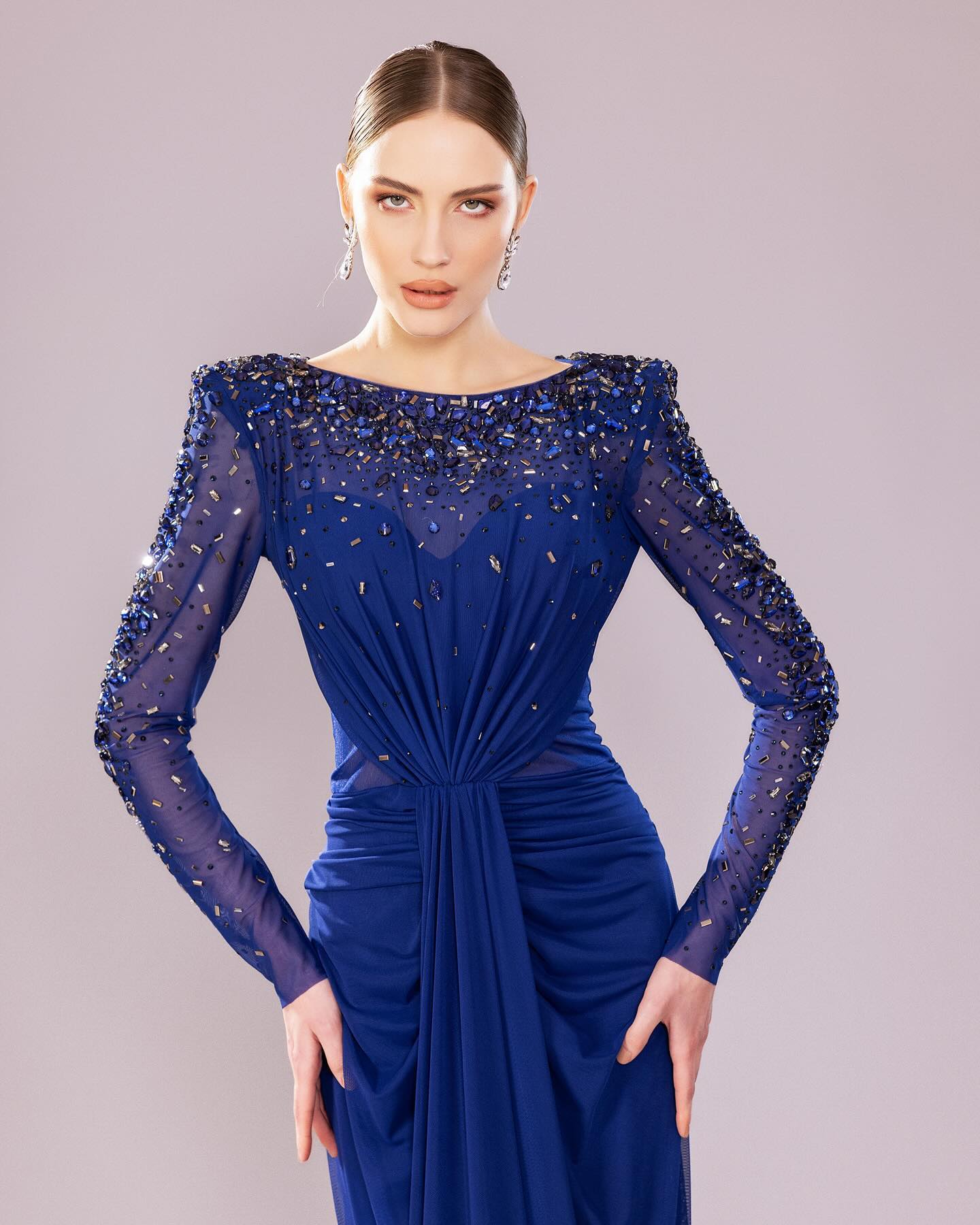 Luxury High Neck Beaded Lace Sheath Evening Dress with Long Sleeves SS565