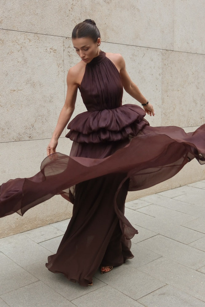 Burgundy Chiffon Halter Evening Dress with Tiered Ruffled Skirt SF433 Sheer Fairy