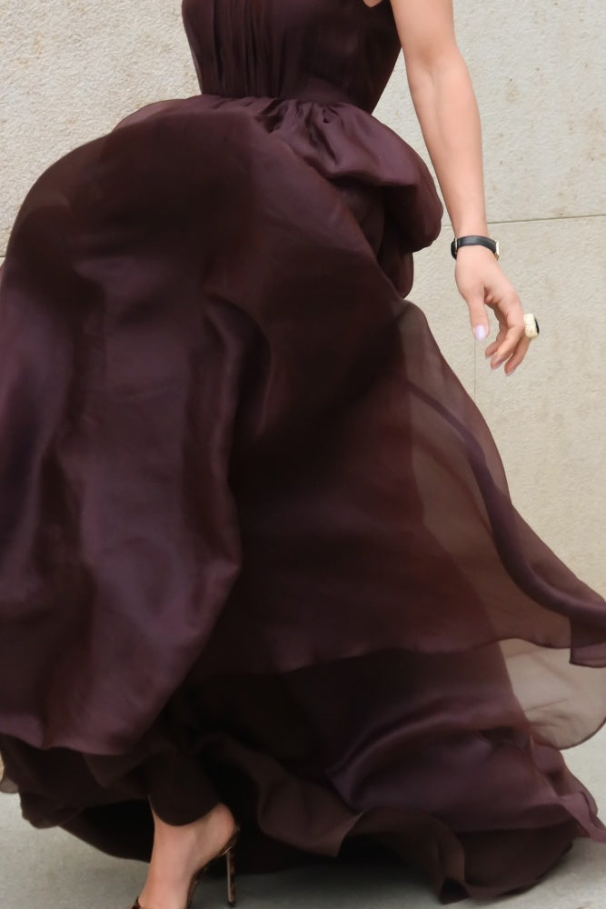 Burgundy Chiffon Halter Evening Dress with Tiered Ruffled Skirt SF433 Sheer Fairy