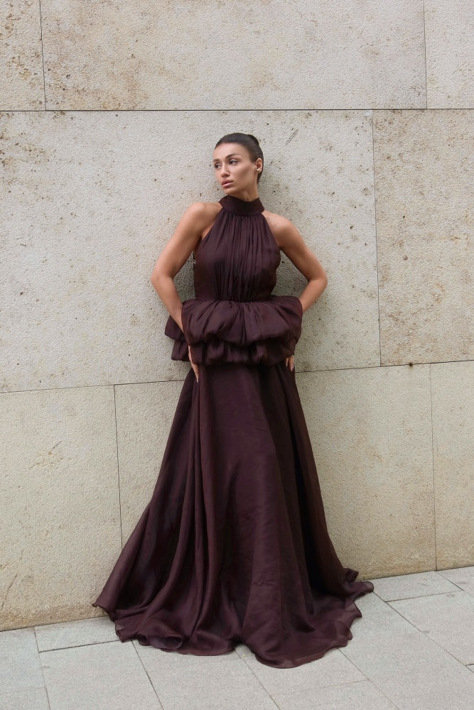 Burgundy Chiffon Halter Evening Dress with Tiered Ruffled Skirt SF433 Sheer Fairy