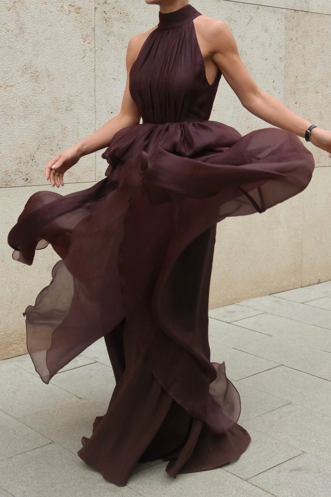 Burgundy Chiffon Halter Evening Dress with Tiered Ruffled Skirt SF433 Sheer Fairy