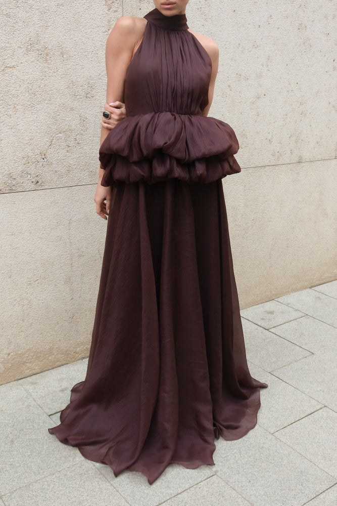 Burgundy Chiffon Halter Evening Dress with Tiered Ruffled Skirt SF433 Sheer Fairy