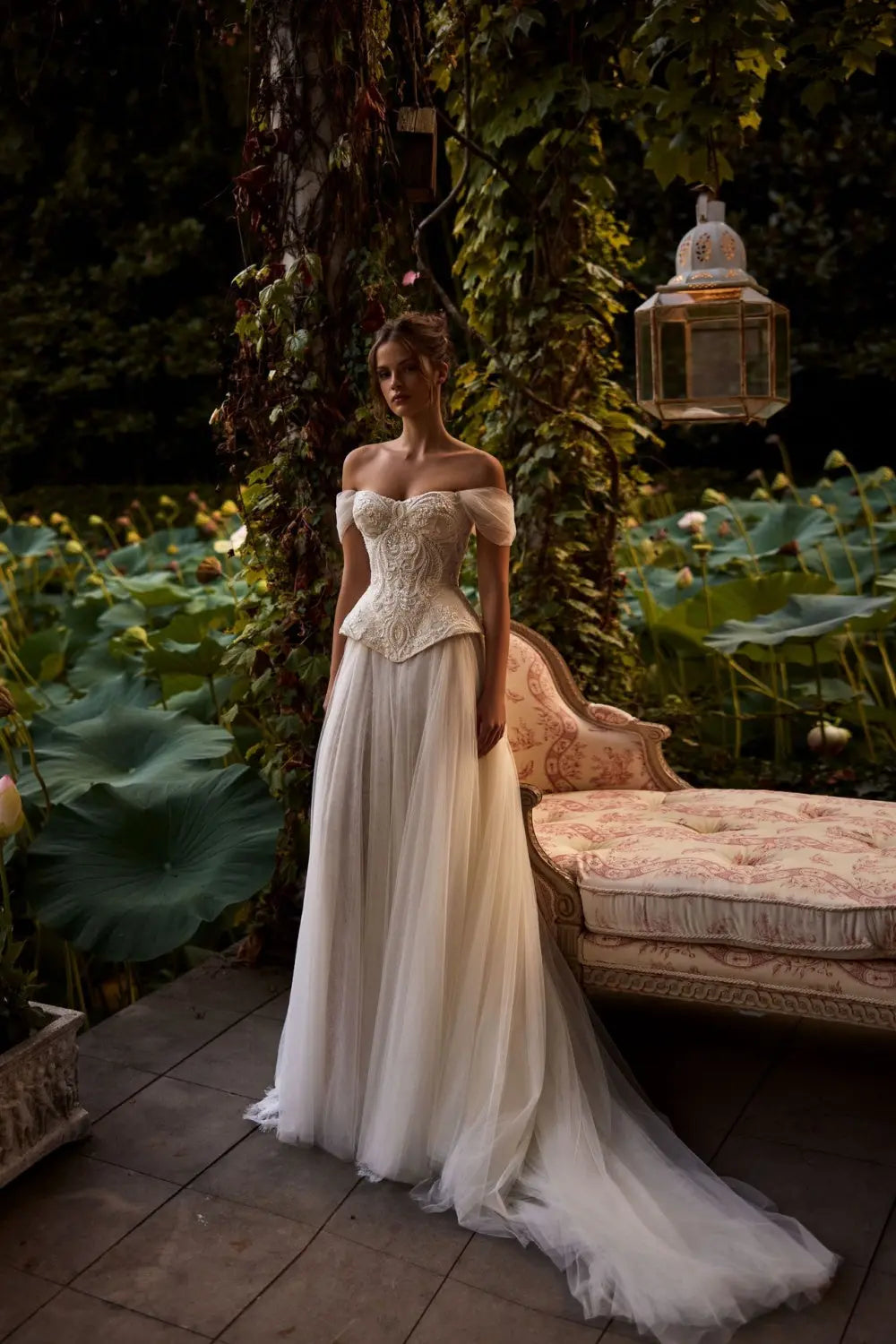 Ivory Lace Peplum Off-the-Shoulder Ball Gown Wedding Dress SW126 Sheer Fairy