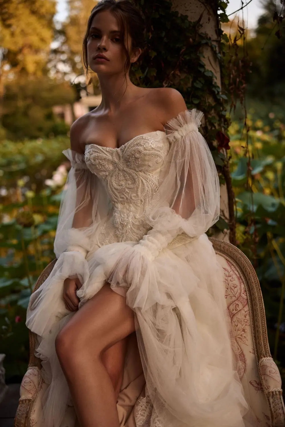 Ivory Lace Peplum Off-the-Shoulder Ball Gown Wedding Dress SW126 Sheer Fairy