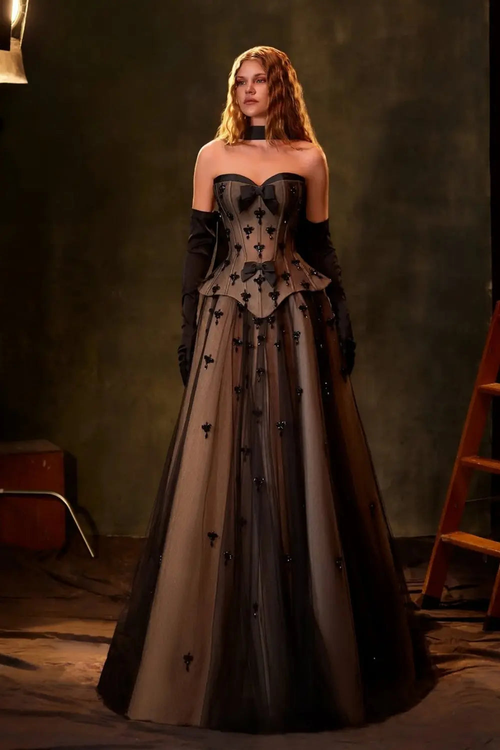 Black and Gold Gothic Ball Gown Evening Dress with 3D Floral SF241 Sheer Fairy