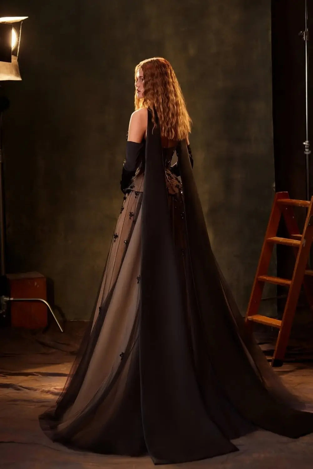 Black and Gold Gothic Ball Gown Evening Dress with 3D Floral SF241 Sheer Fairy