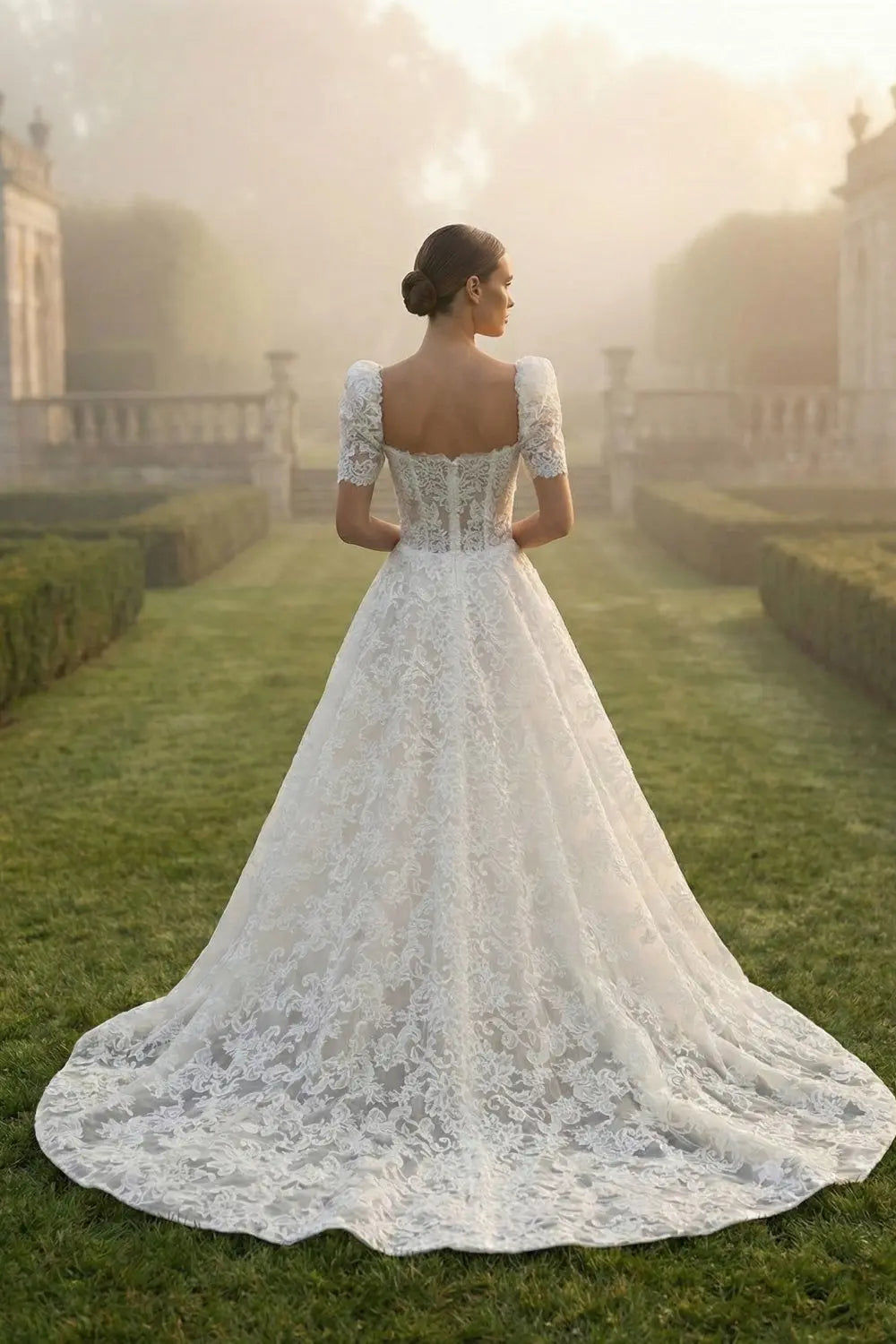 Square Neck Puff Sleeve Lace Ballgown Wedding Dress SW643 Sheer Fairy