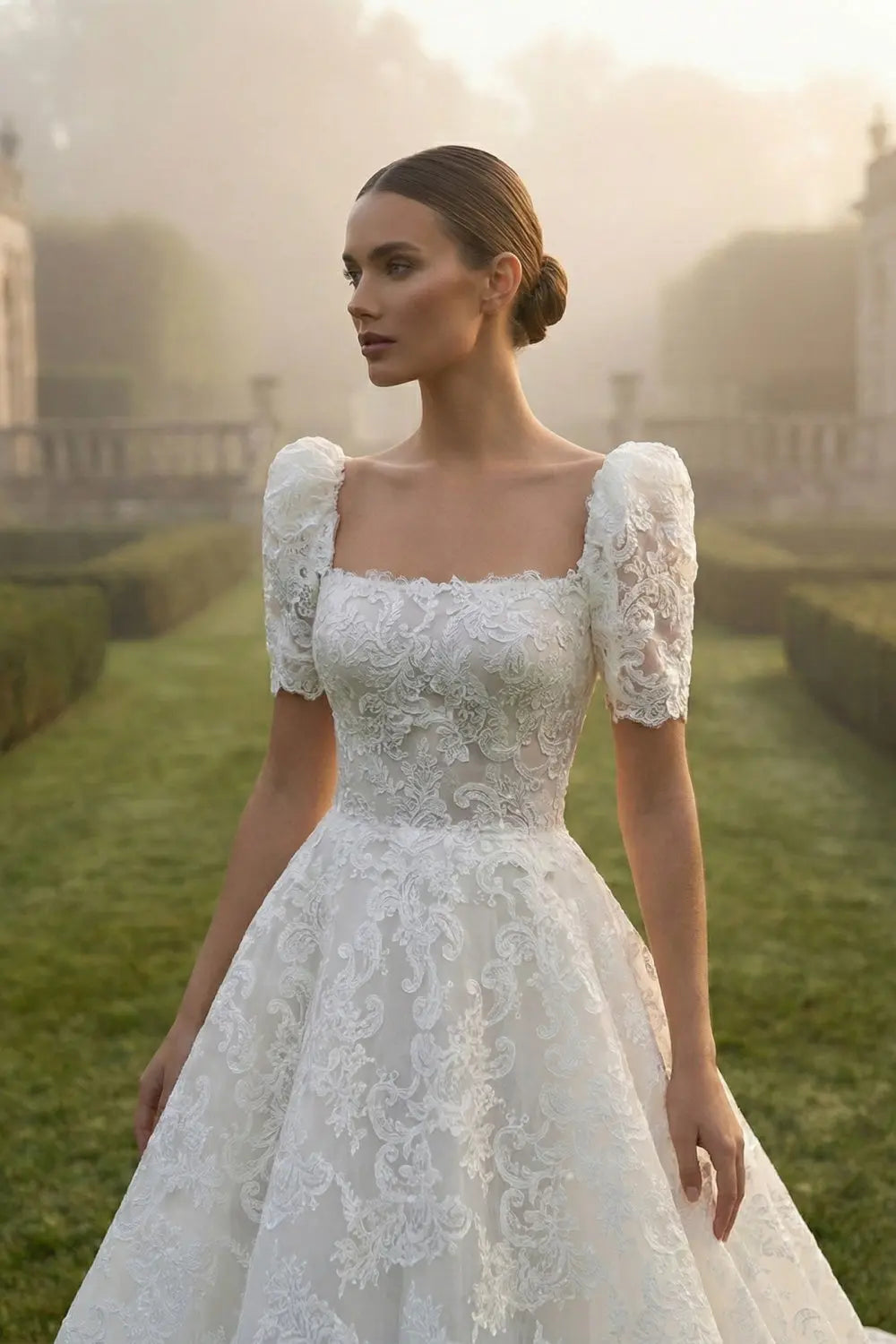 Square Neck Puff Sleeve Lace Ballgown Wedding Dress SW643 Sheer Fairy