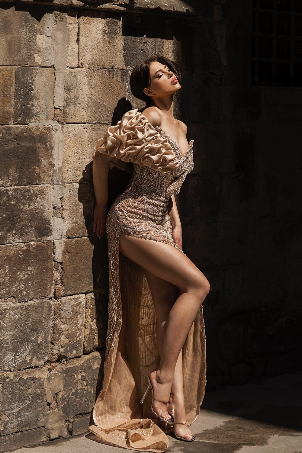 Elegant Off Shoulder Mermaid Sage Green Slit Evening Dress SS288 Sheer Fairy