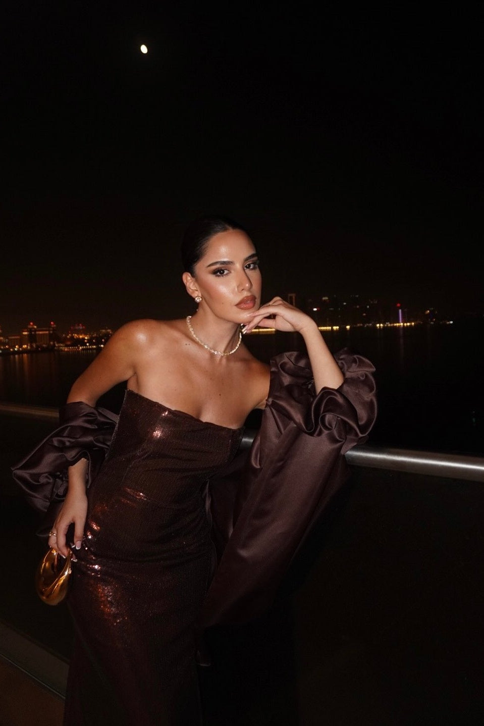 Brown Sequin Strapless Column Evening Dress with Cape SF592 Sheer Fairy