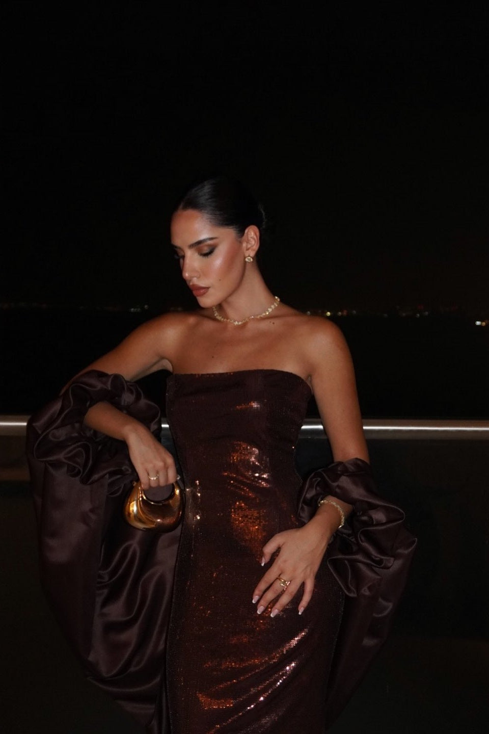 Brown Sequin Strapless Column Evening Dress with Cape SF592 Sheer Fairy