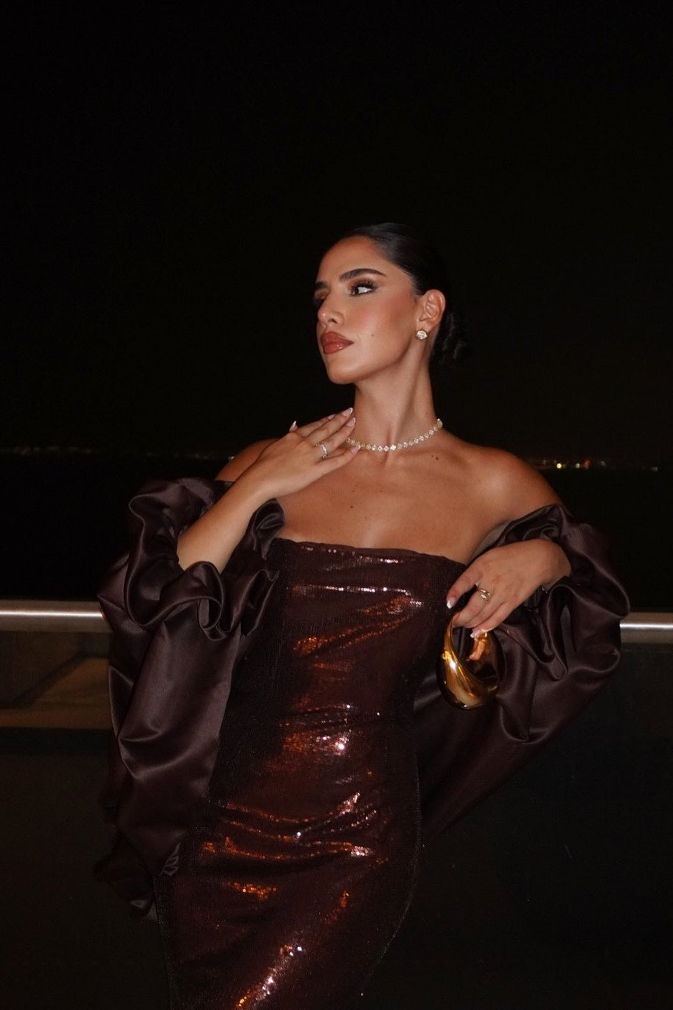 Brown Sequin Strapless Column Evening Dress with Cape SF592 Sheer Fairy