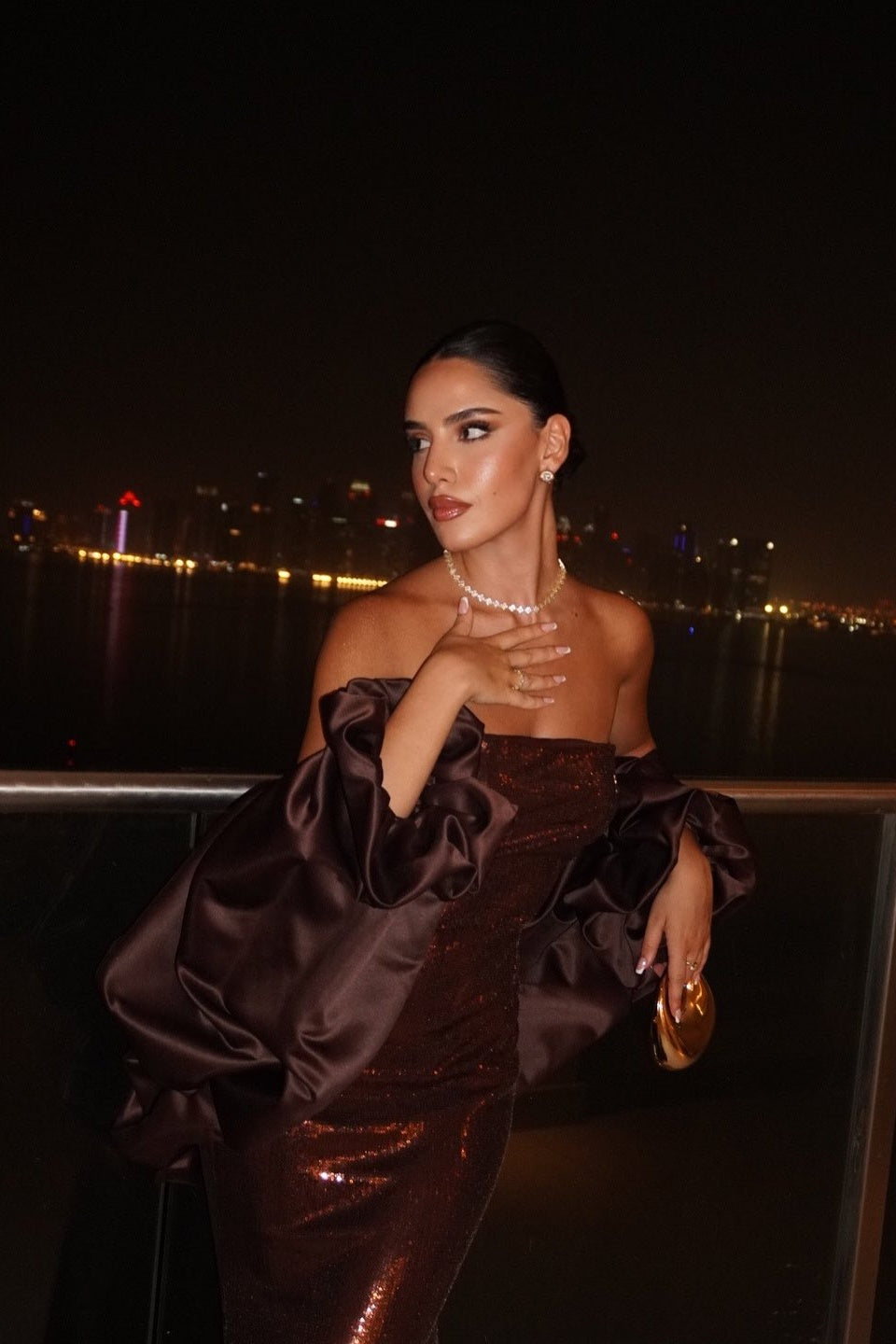 Brown Sequin Strapless Column Evening Dress with Cape SF592 Sheer Fairy