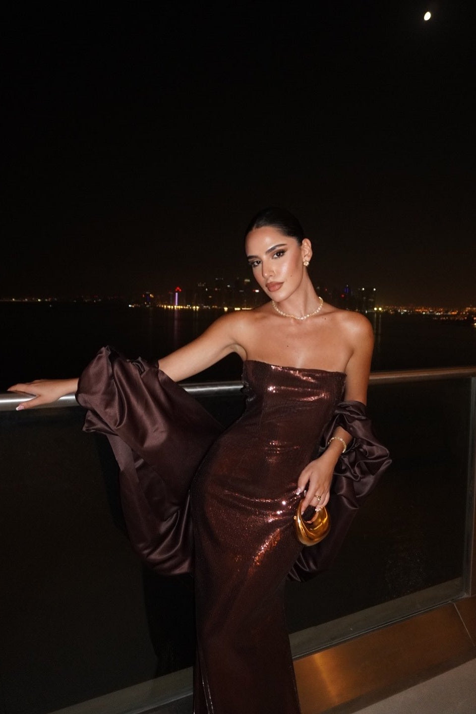 Brown Sequin Strapless Column Evening Dress with Cape SF592 Sheer Fairy