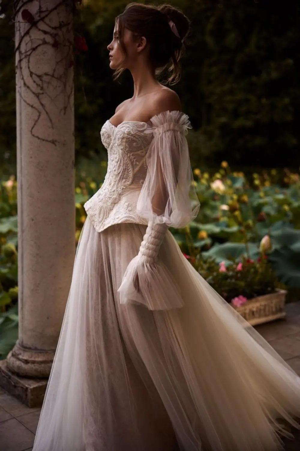 Ivory Lace Peplum Off-the-Shoulder Ball Gown Wedding Dress SW126 Sheer Fairy