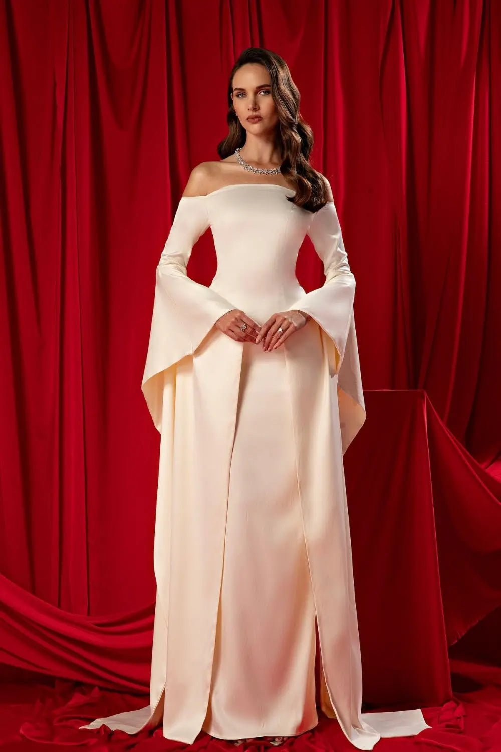 Elegant Beige Off shoulder Evening Dress SF050 Sheer Fairy