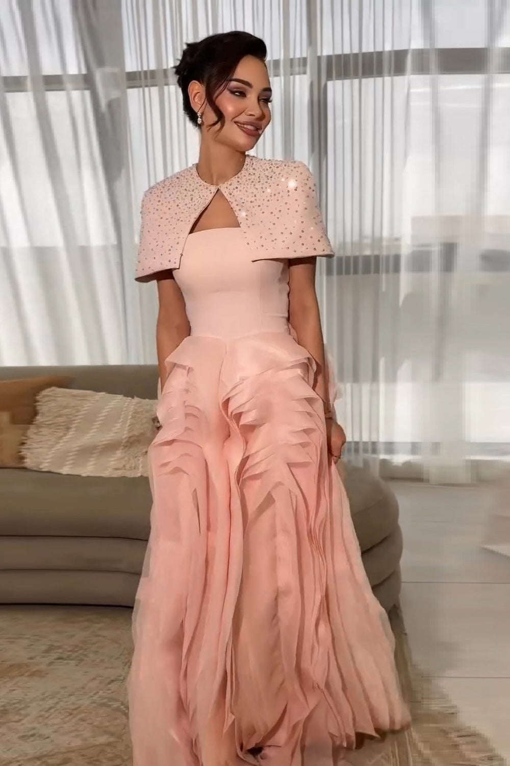 Blush Satin Ball Gown Evening Dress with Beaded Capelet SF408 Sheer Fairy