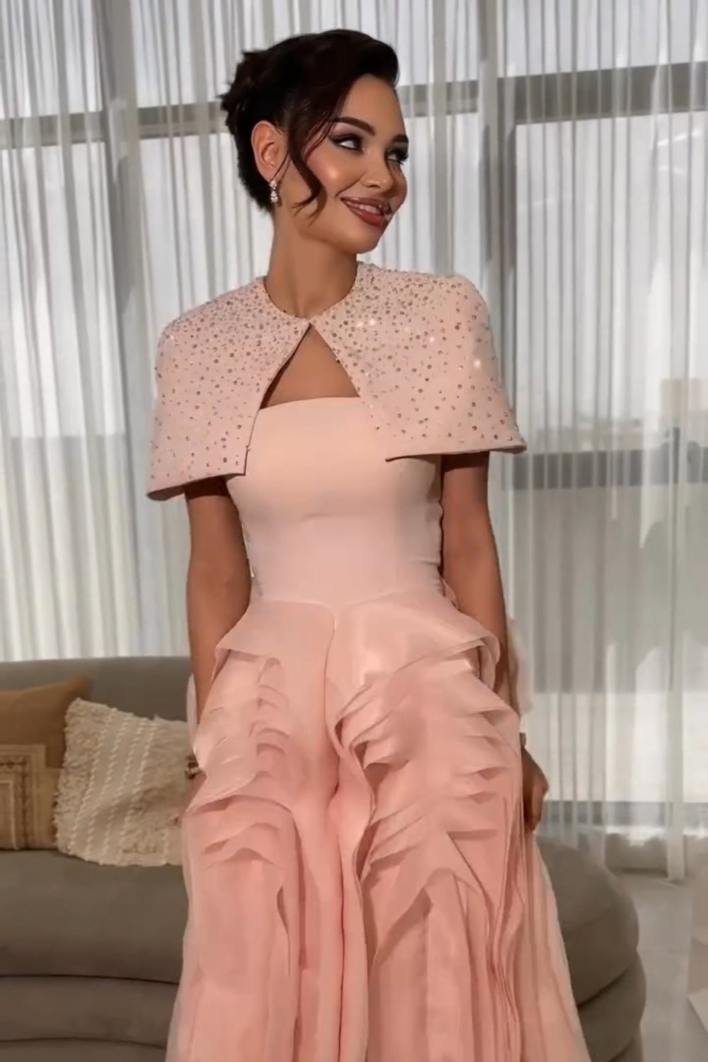 Blush Satin Ball Gown Evening Dress with Beaded Capelet SF408 Sheer Fairy