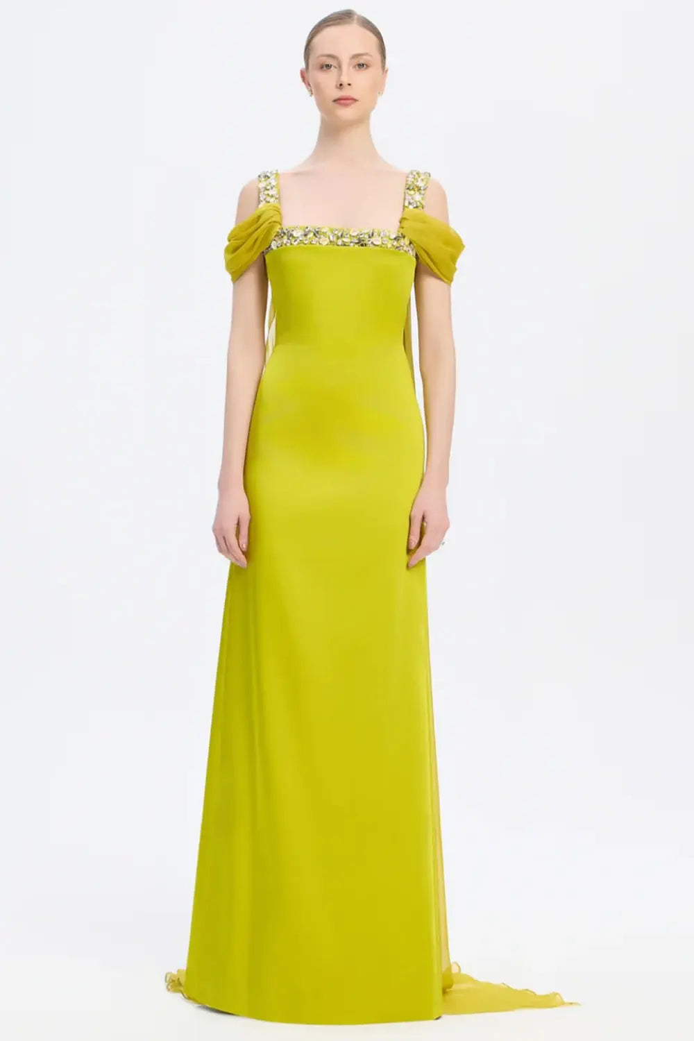 Crystal Trimmed Satin Formal Sheath Evening Dress SF402 Sheer Fairy