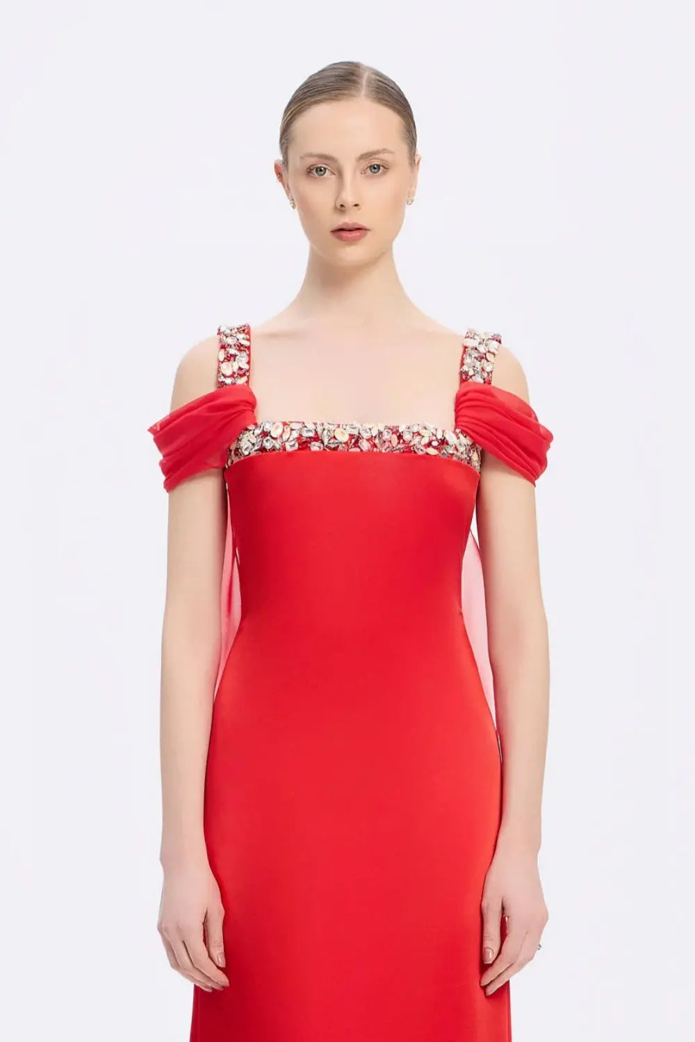 Crystal Trimmed Satin Formal Sheath Evening Dress SF402 Sheer Fairy