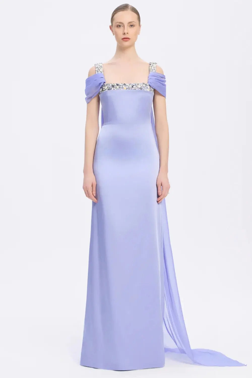 Crystal Trimmed Satin Formal Sheath Evening Dress SF402 Sheer Fairy