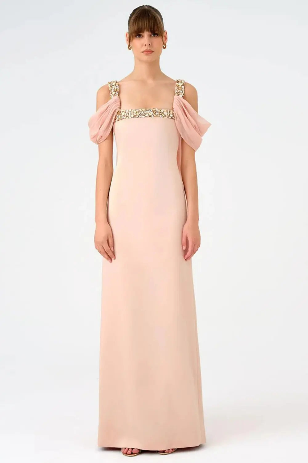 Crystal Trimmed Satin Formal Sheath Evening Dress SF402 Sheer Fairy