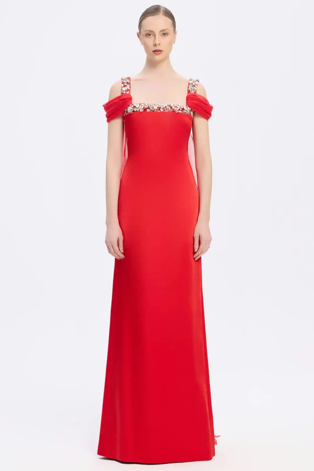 Crystal Trimmed Satin Formal Sheath Evening Dress SF402 Sheer Fairy