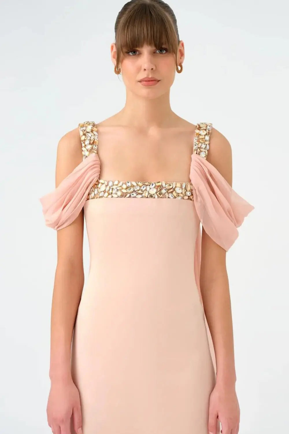 Crystal Trimmed Satin Formal Sheath Evening Dress SF402 Sheer Fairy