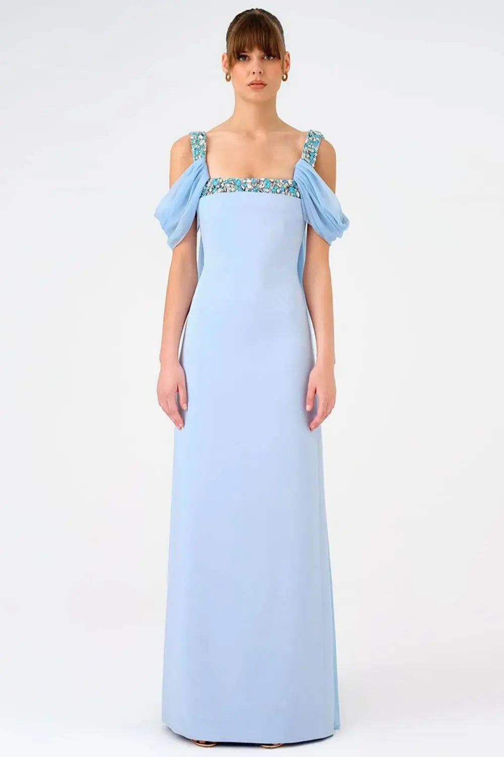 Crystal Trimmed Satin Formal Sheath Evening Dress SF402 Sheer Fairy