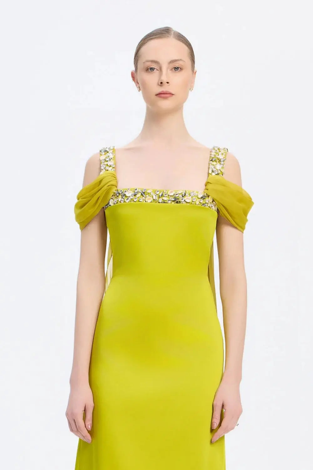 Crystal Trimmed Satin Formal Sheath Evening Dress SF402 Sheer Fairy