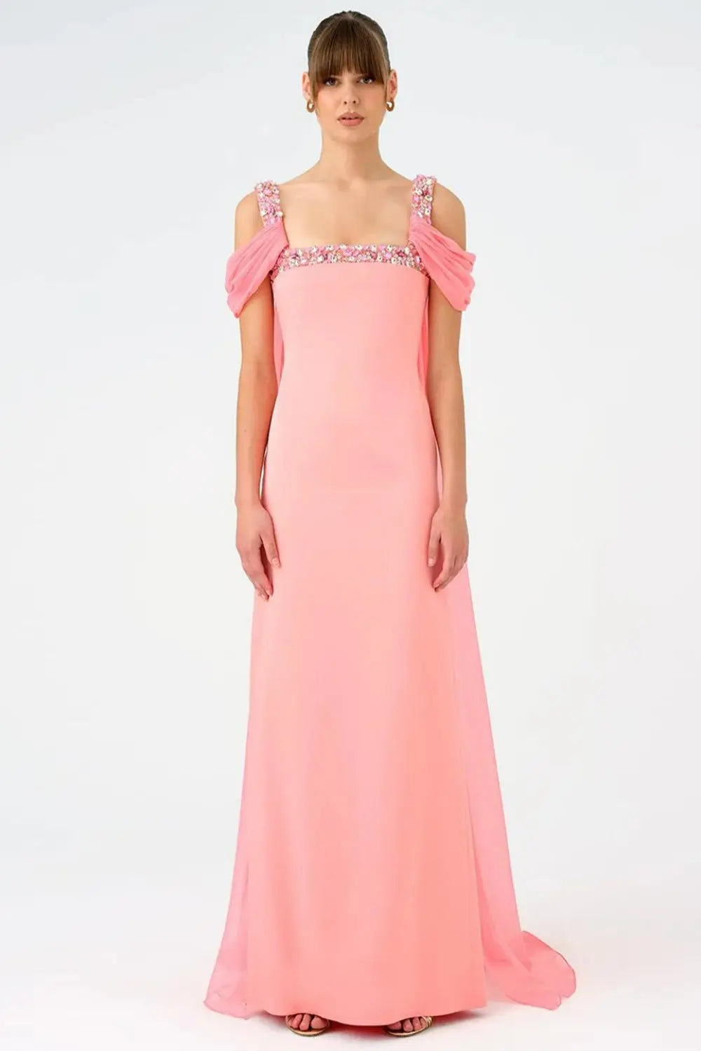 Crystal Trimmed Satin Formal Sheath Evening Dress SF402 Sheer Fairy