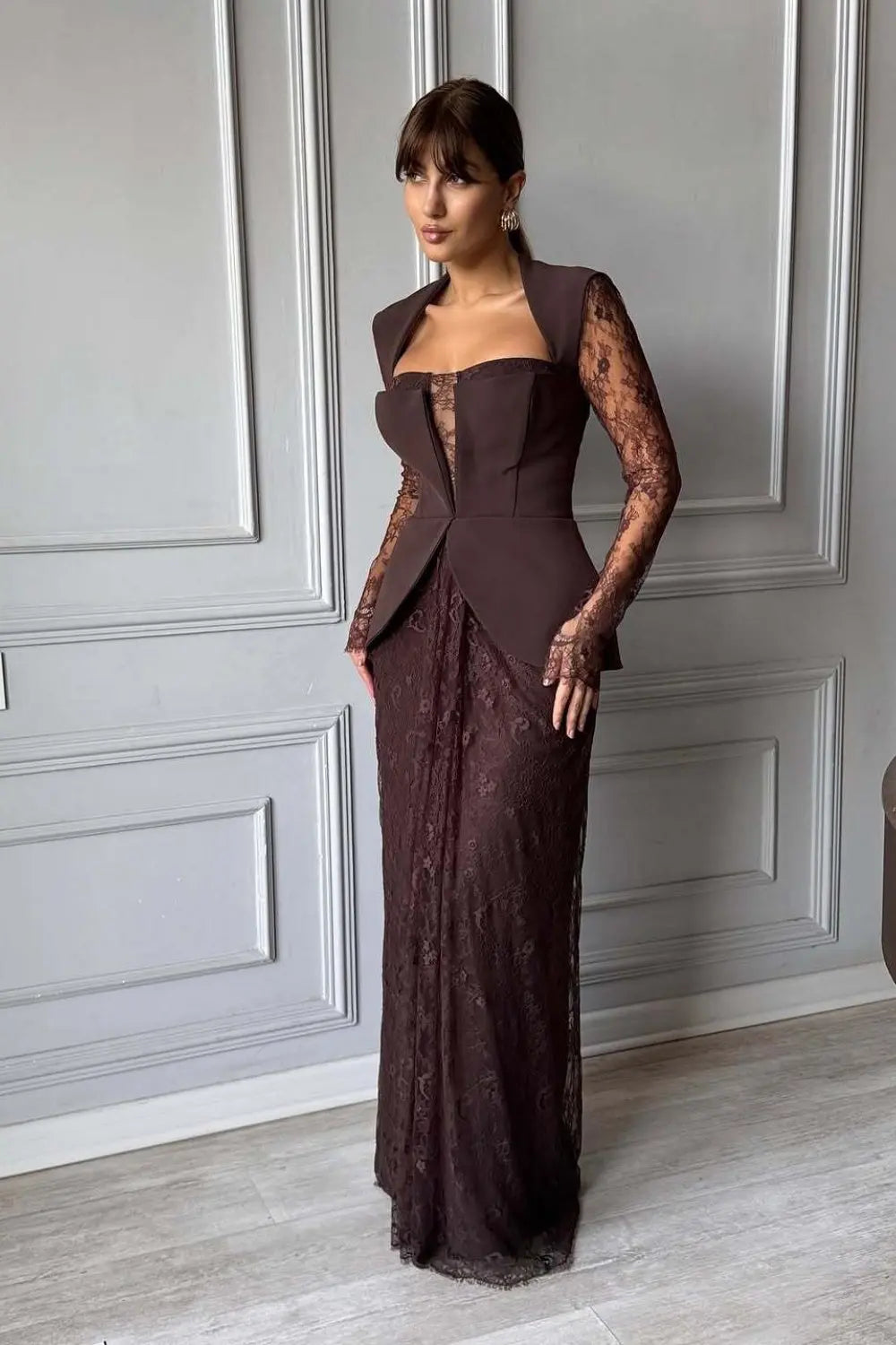 Peplum Formal Brown Burgundy Lace Sheath Evening Dress SF447 Sheer Fairy