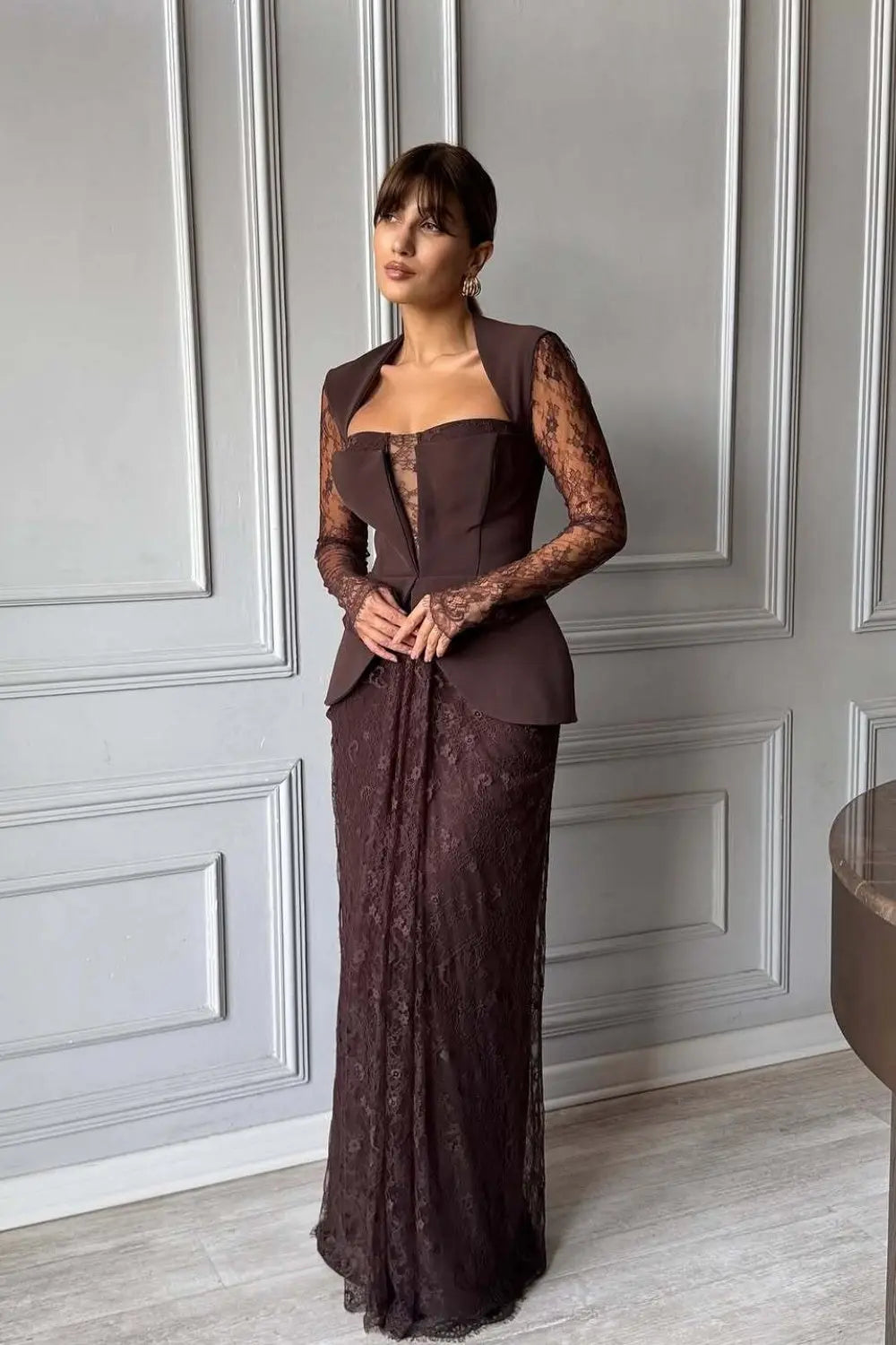 Peplum Formal Brown Burgundy Lace Sheath Evening Dress SF447 Sheer Fairy