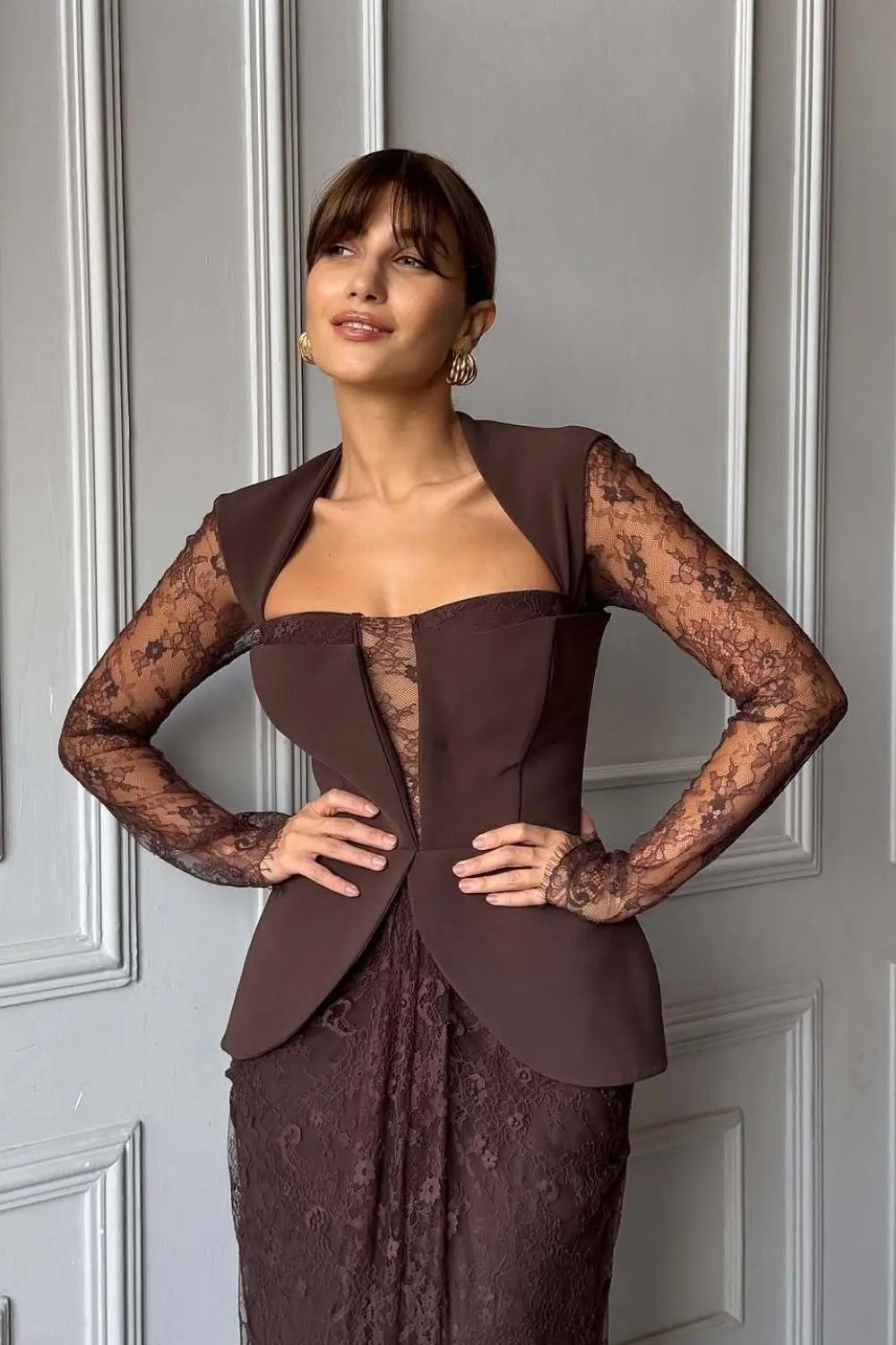 Peplum Formal Brown Burgundy Lace Sheath Evening Dress SF447 Sheer Fairy