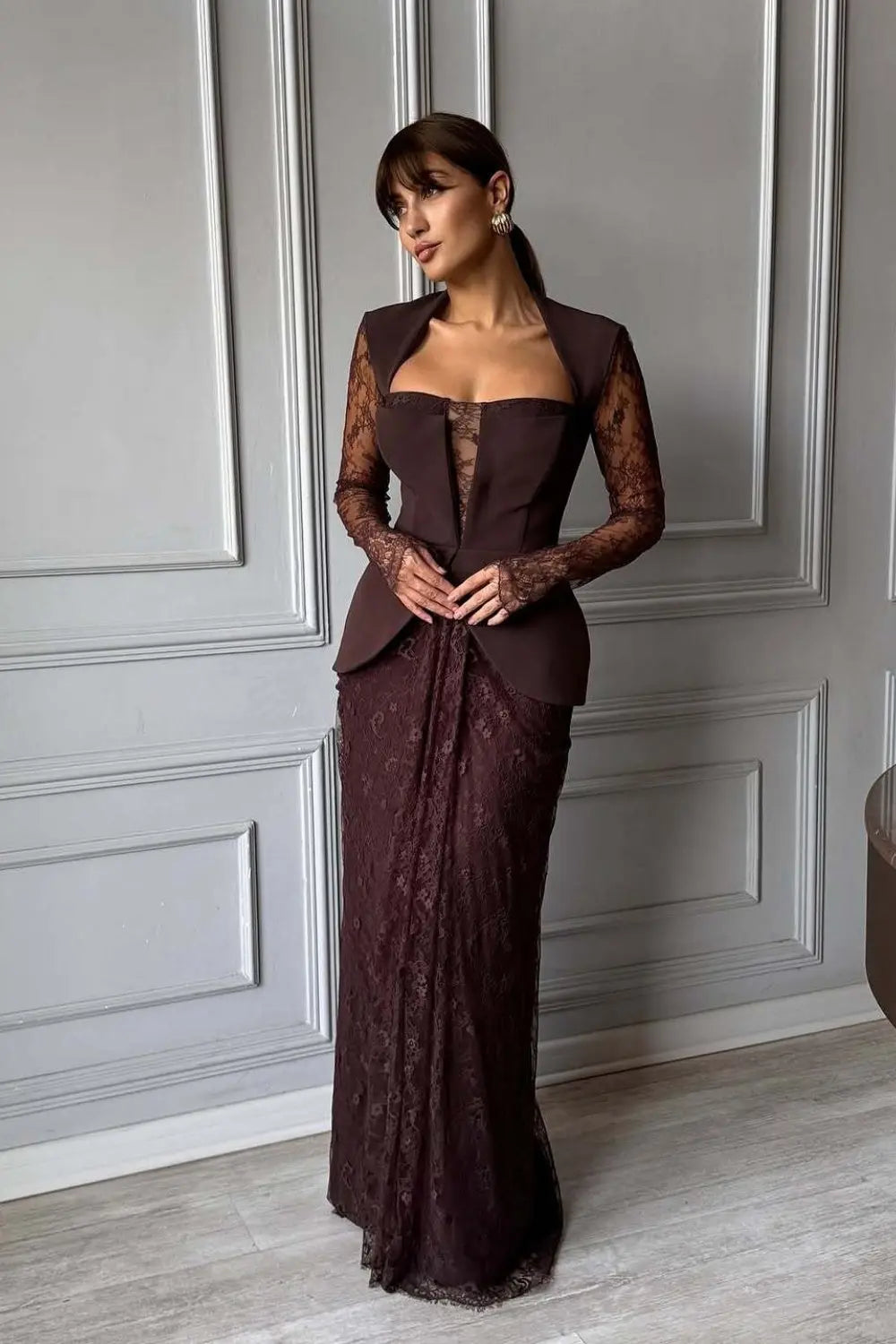 Peplum Formal Brown Burgundy Lace Sheath Evening Dress SF447 Sheer Fairy