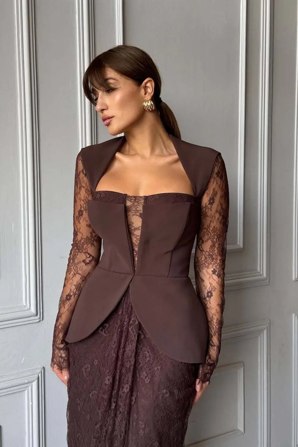 Peplum Formal Brown Burgundy Lace Sheath Evening Dress SF447 Sheer Fairy