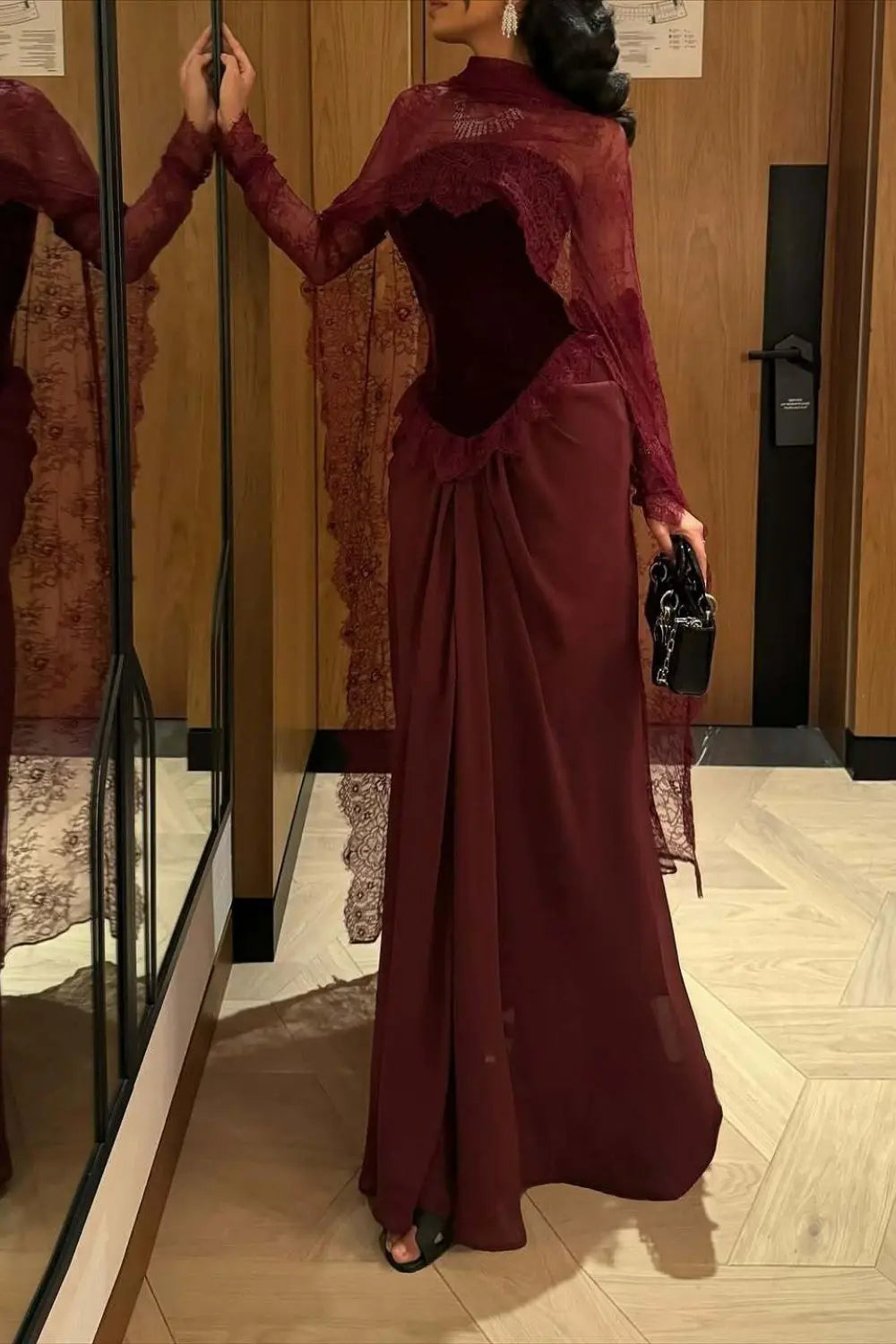 Burgundy Lace Sheath High Neck Long Sleeve Evening Dress SF462 Sheer Fairy