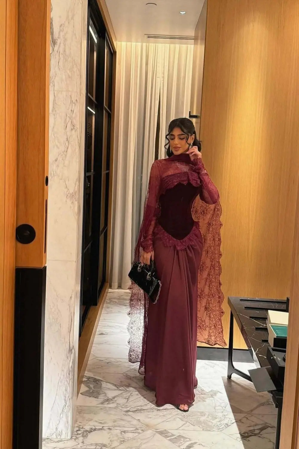 Burgundy Lace Sheath High Neck Long Sleeve Evening Dress SF462 Sheer Fairy