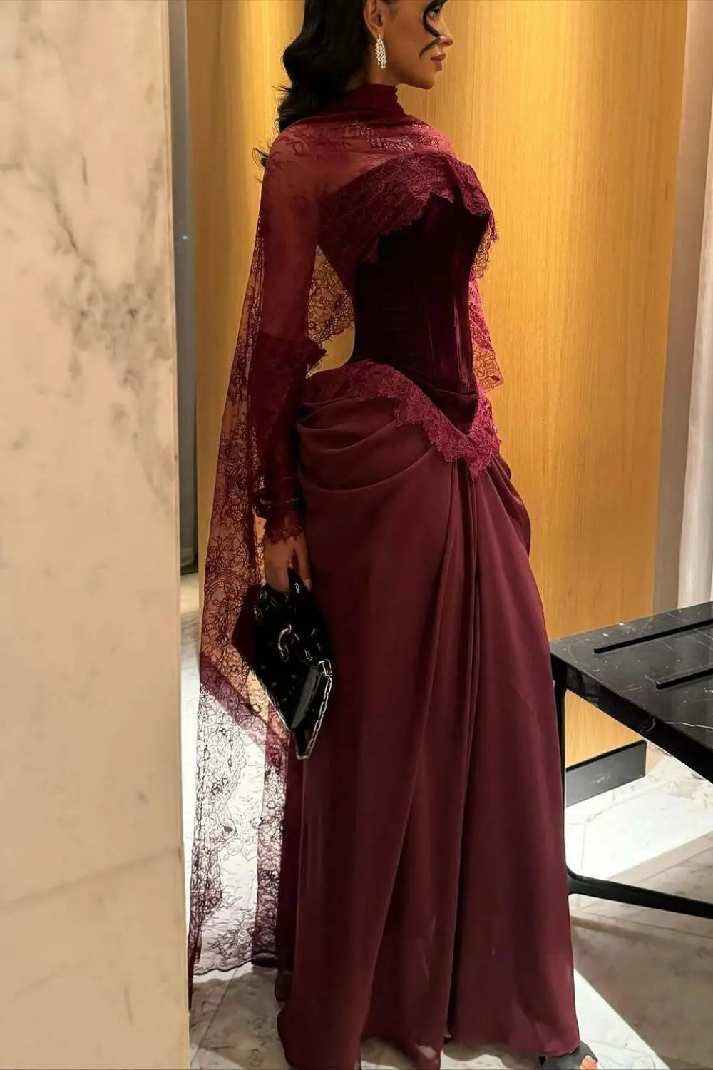 Burgundy Lace Sheath High Neck Long Sleeve Evening Dress SF462 Sheer Fairy
