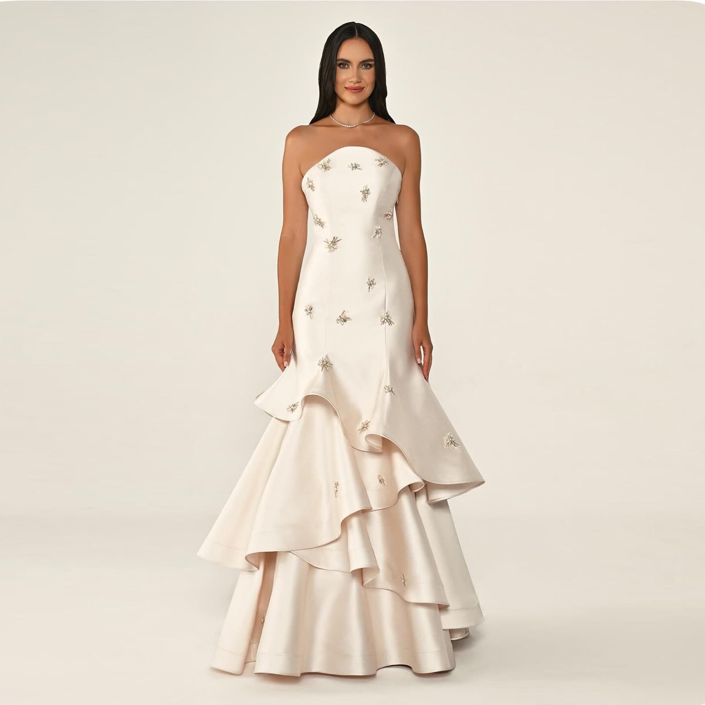 Ivory Satin Mermaid Evening Dress with Beaded Embroidery SF587 Sheer Fairy