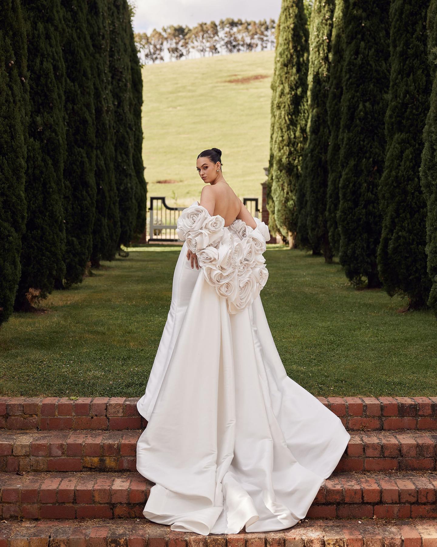 Ivory  Satin Mermaid Wedding Dress 3D Giant Rose Floral With Veil  SW661 Sheer Fairy