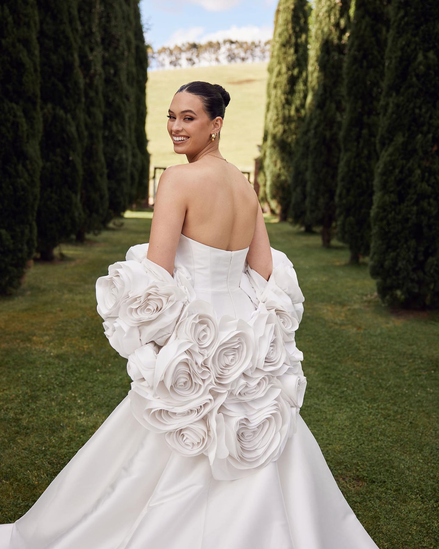 Ivory  Satin Mermaid Wedding Dress 3D Giant Rose Floral With Veil  SW661 Sheer Fairy