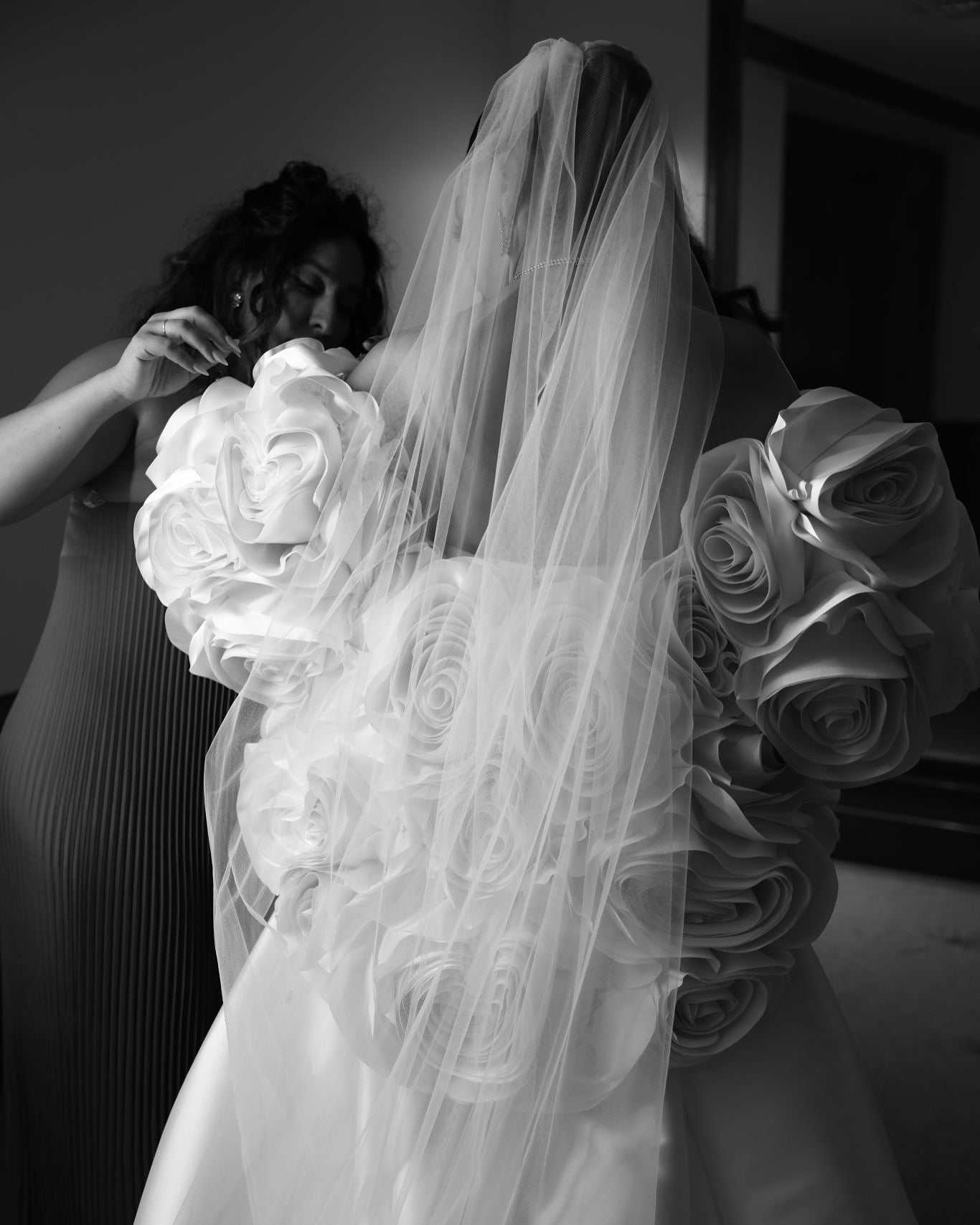 Ivory  Satin Mermaid Wedding Dress 3D Giant Rose Floral With Veil  SW661 Sheer Fairy