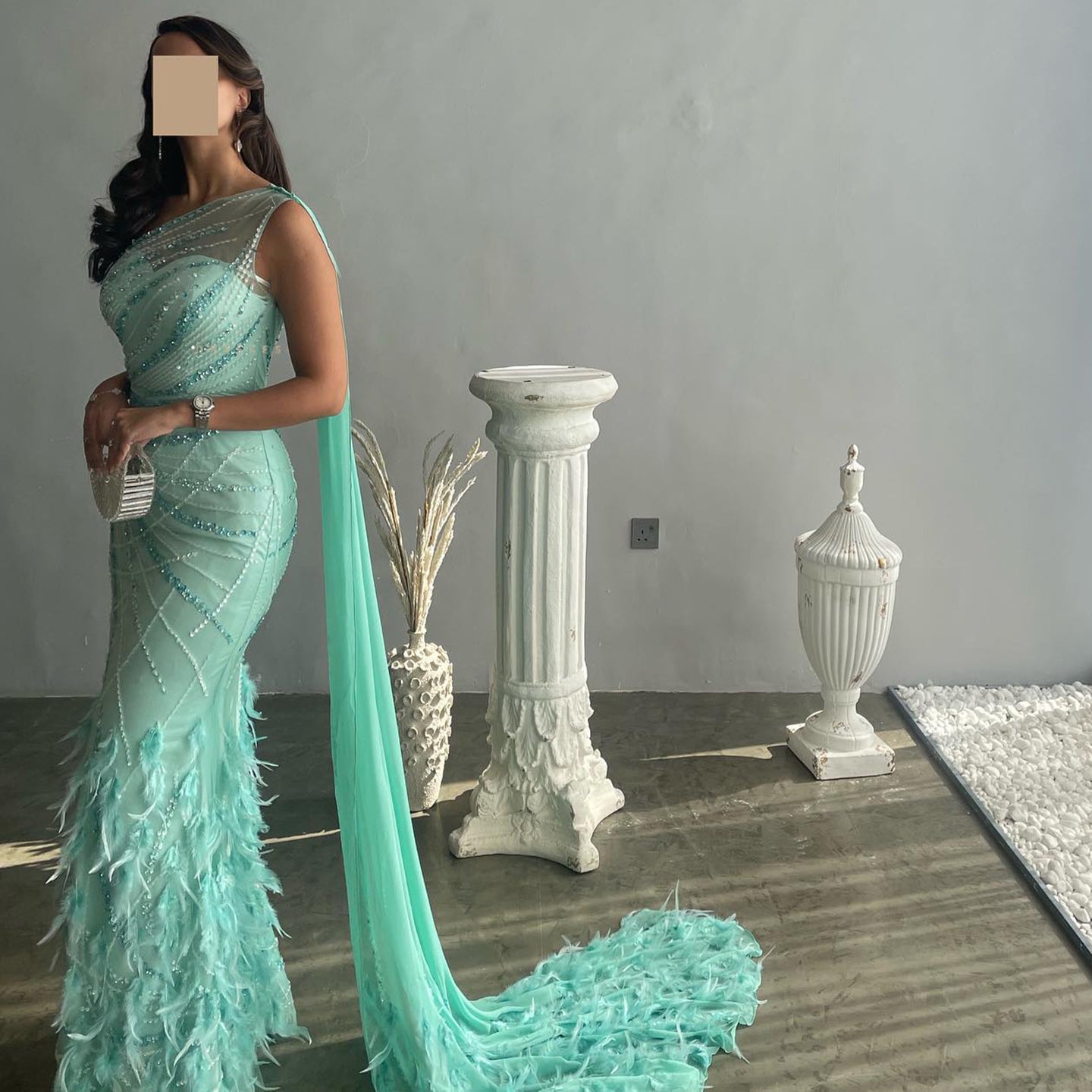 Turquoise One-Shoulder Mermaid Evening Dress with Beading & Feather SS498 Sheer Fairy